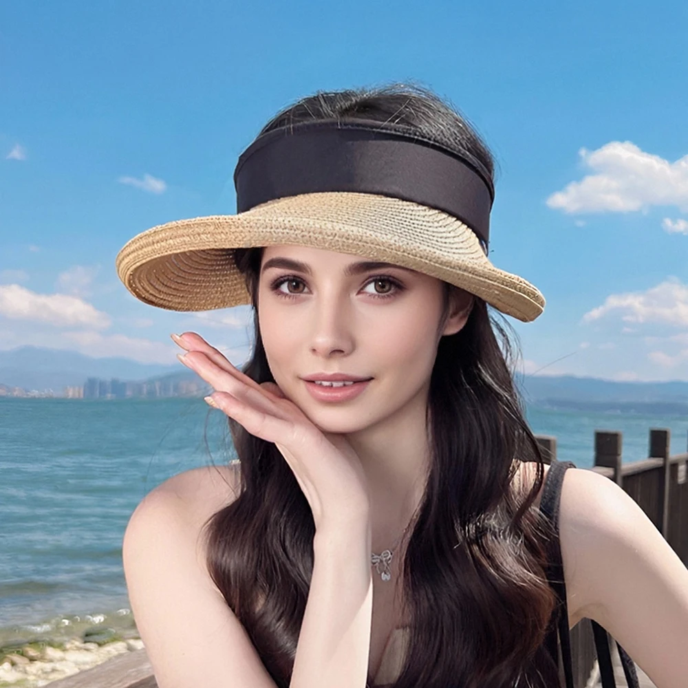 الصيف المرأة واقية من الشمس القش قبعة الربط القش التظليل الجوف أفضل قبعة أنيقة توالت حافة تصميم أوسع حافة كامل الوجه حماية