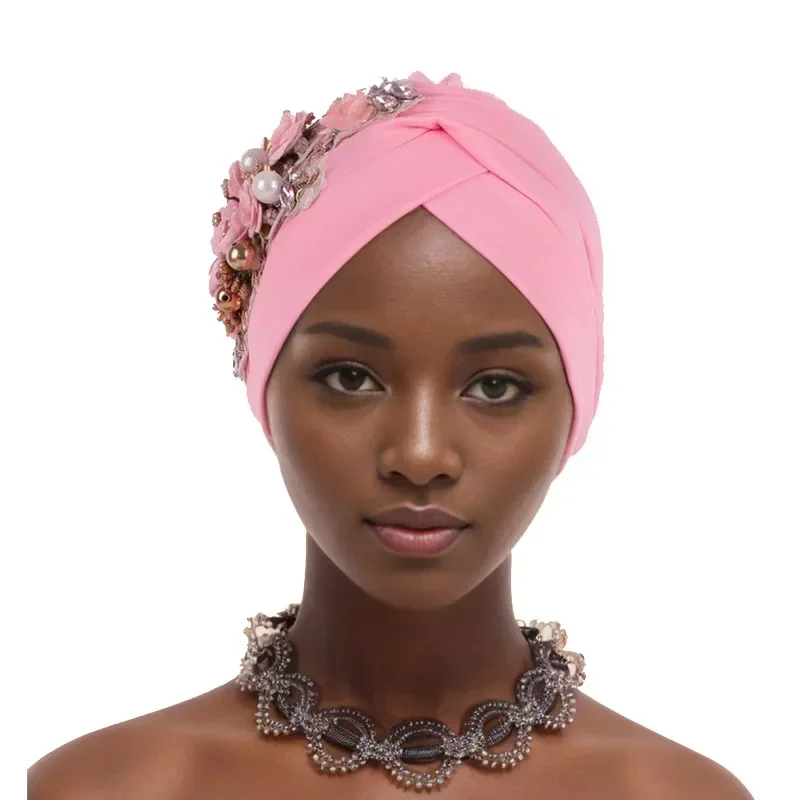 2026 New Pearl Flower Turban Cap for Women African Headties Auto Gele Wedding Party Headscarf Muslim Hijab Bonnet Headwear Hats