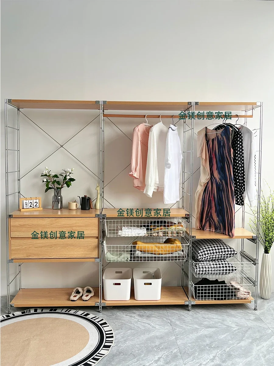 Simple stainless steel shelf wardrobe floor-to-ceiling open storage household hanging clothes multi-layer