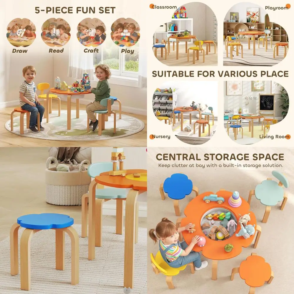 

5-Piece Wooden Toddler Table and Chairs Set with Storage, Ideal for Playroom, Nursery, or Classroom
