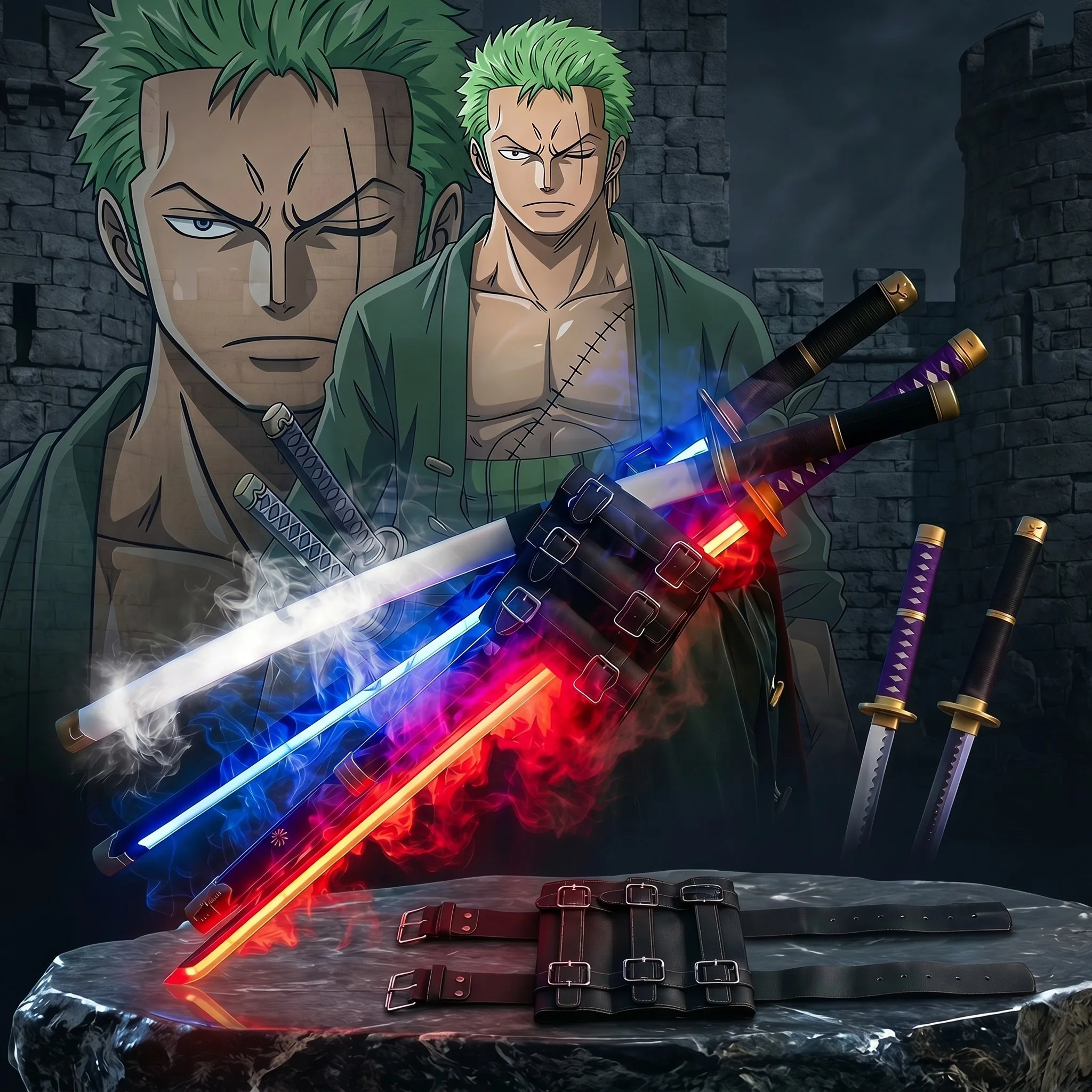 40inch One Piece Zoro Mist Katana LED Vapor Effect Anime Sabre Safe Unsharpened Cosplay Display Photo Prop Stand Belt Display