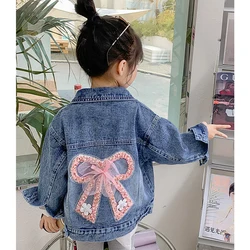 Spring Autumn Girls Denim Coat Pearl Embellishment Bow Knot Fashion Jacket For 3 4 5 6 8 10 12 Years Kids Casual Outerwear