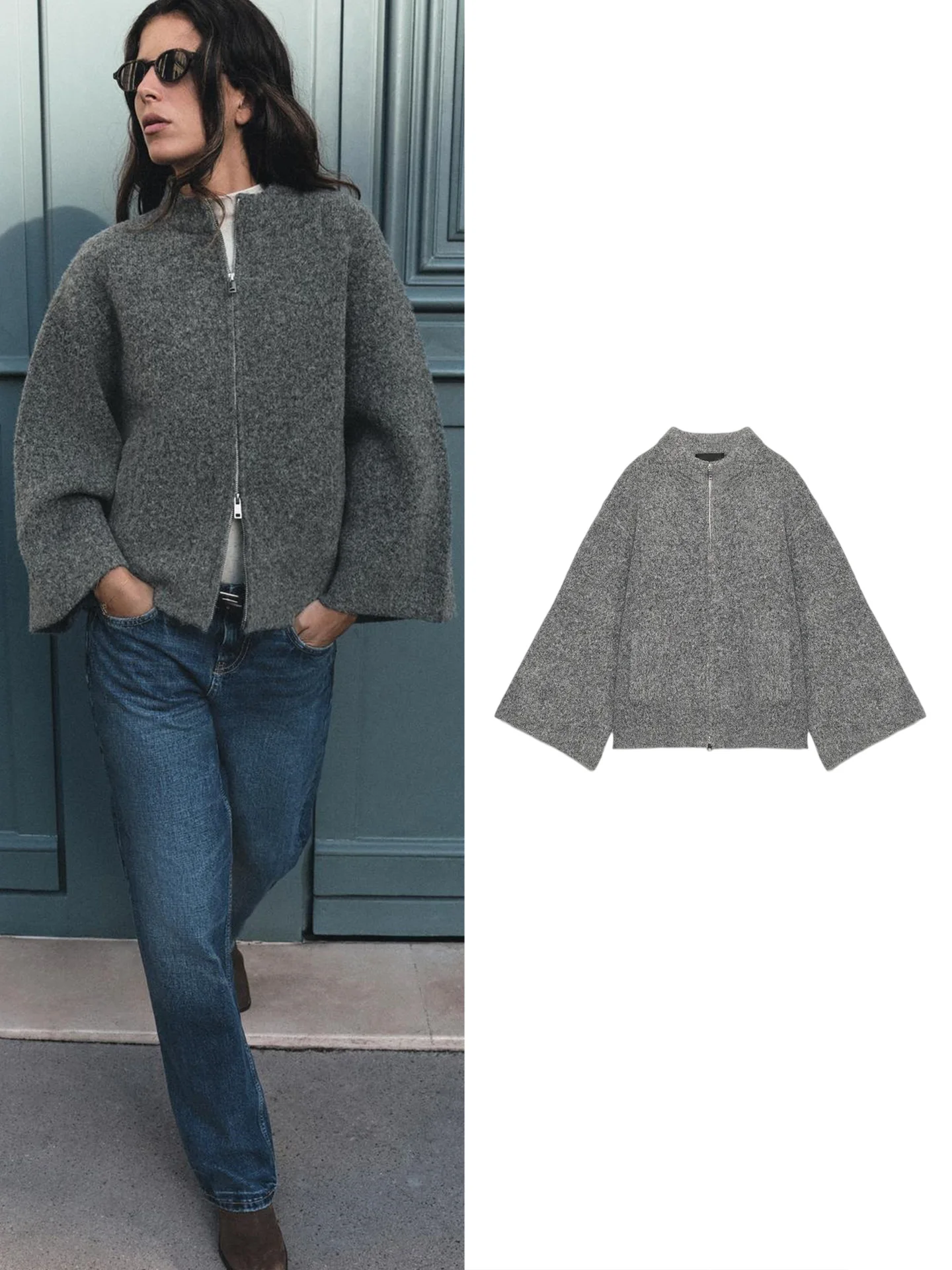 Fall New Arrival Women's Casual High Collar Long Sleeve Double Layer Zipper Knitted Jacket Short Style Polyester Fiber