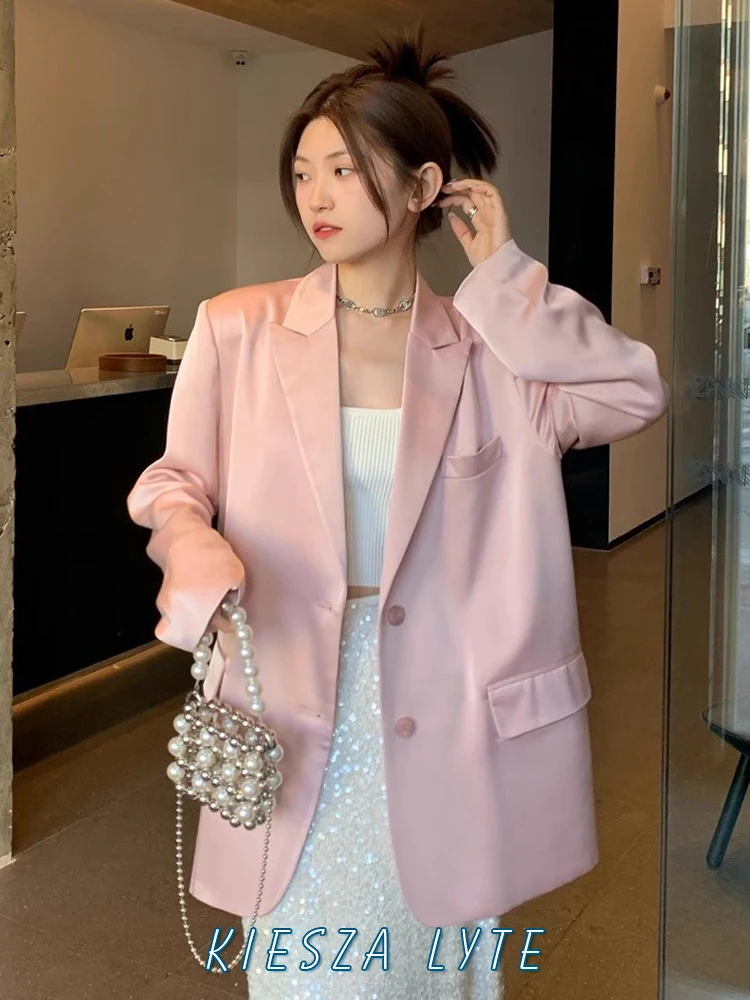 Kiesza lyte Fashion party High quality 2024 Hot Pink Satin Blazers for Women Loose Luxury Casual Jackets Suit chaqueta de mujer