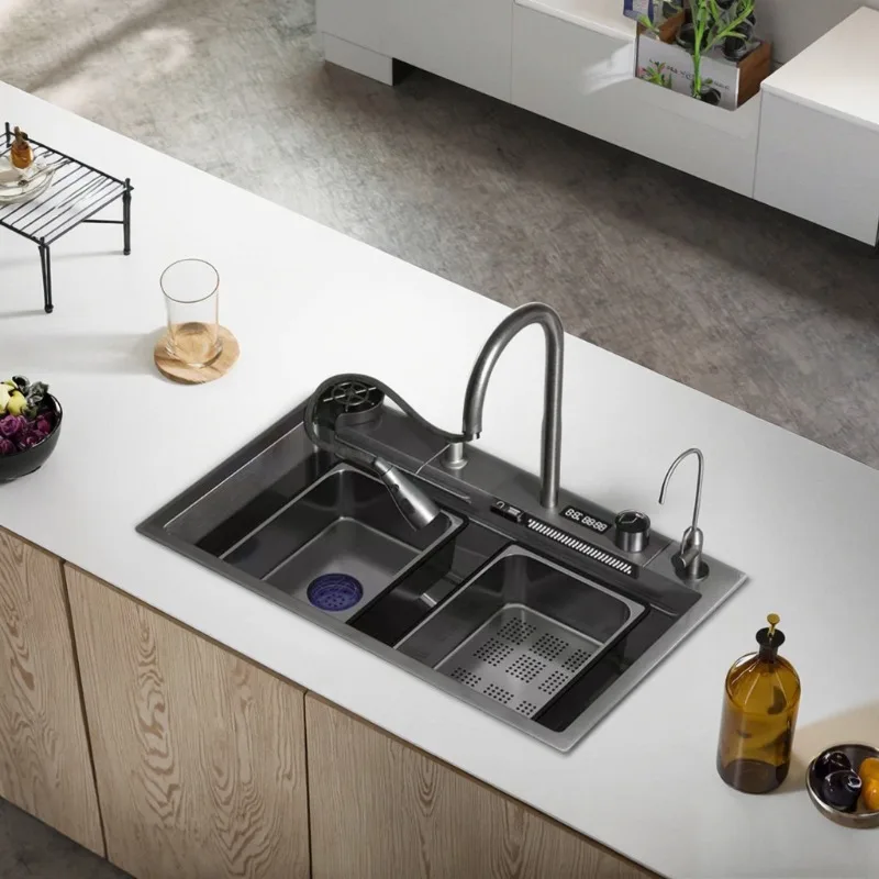 Modern Style Handmade Single Bowl Kitchen Sink Intelligent Digital Display Waterfall Stainless Steel Sink Manufacturer