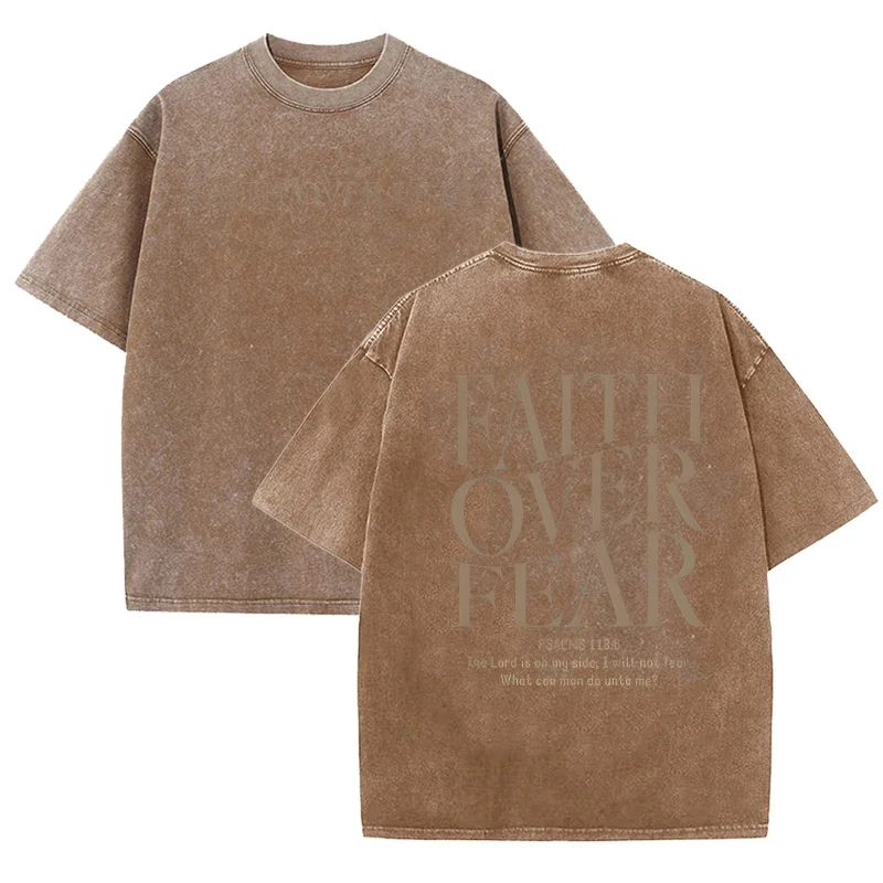 Retro-T-Shirt mit der Aufschrift „Faith Over Fear“ und Bibelvers-Aufdruck, gewaschenes Beige, Streetwear – Detail 8
