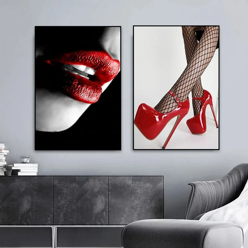Sexy Rote Lippen Netzstrümpfe und High Heels Poster und Drucke Moderne Frauenmalerei Wandkunst Bilder für Wohnzimmer Heimdekoration
