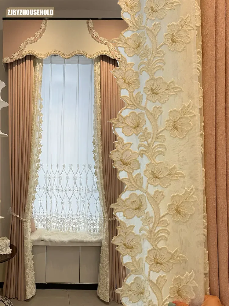 

Curtains Custom Size New Modern Light Luxury Pink French Curtains for Living Dining Room Bedroom Blackout Curtains Embroidery
