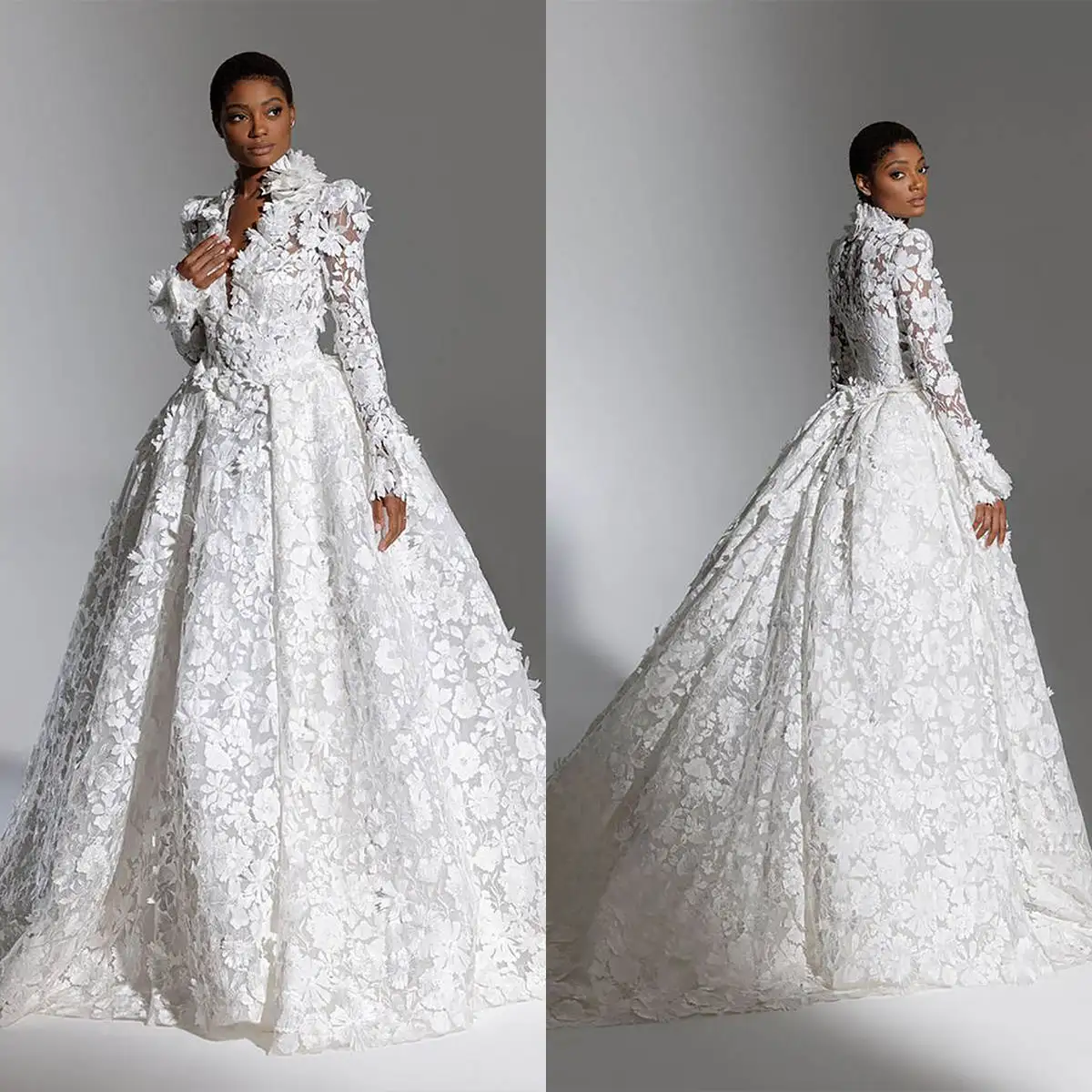 African Vintage Ball Gown Wedding Dresses Hand Made Flowers Lace Bridal Gowns V Neck Long Sleeve Custom Made Bride Dress