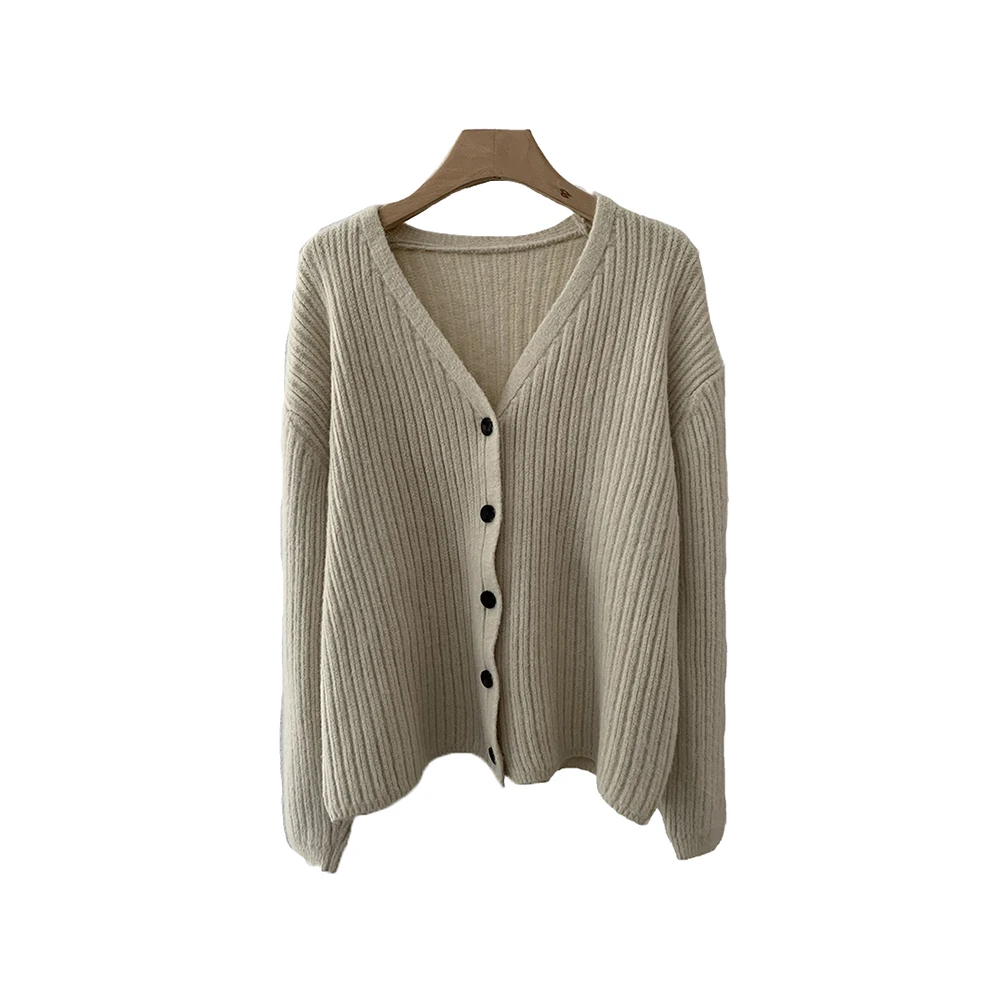 Frauen Solide Gestreiften Pullover Strickjacken Herbst Einfache V-ausschnitt Einreiher Lose Stricken Outer Weiche Alle-Spiel Pullover 18-24Y