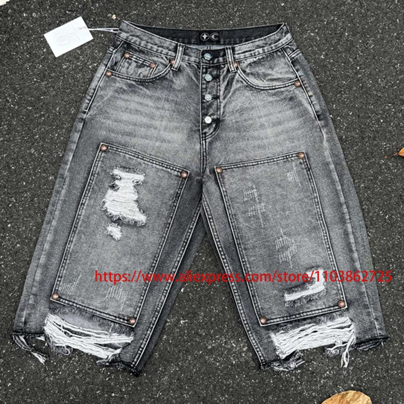 American Trend THUG CLUB Jeans Street Hip-hop High-quality Retro Fashion Patchwork Ripped Hole Thug Club Middle Pants