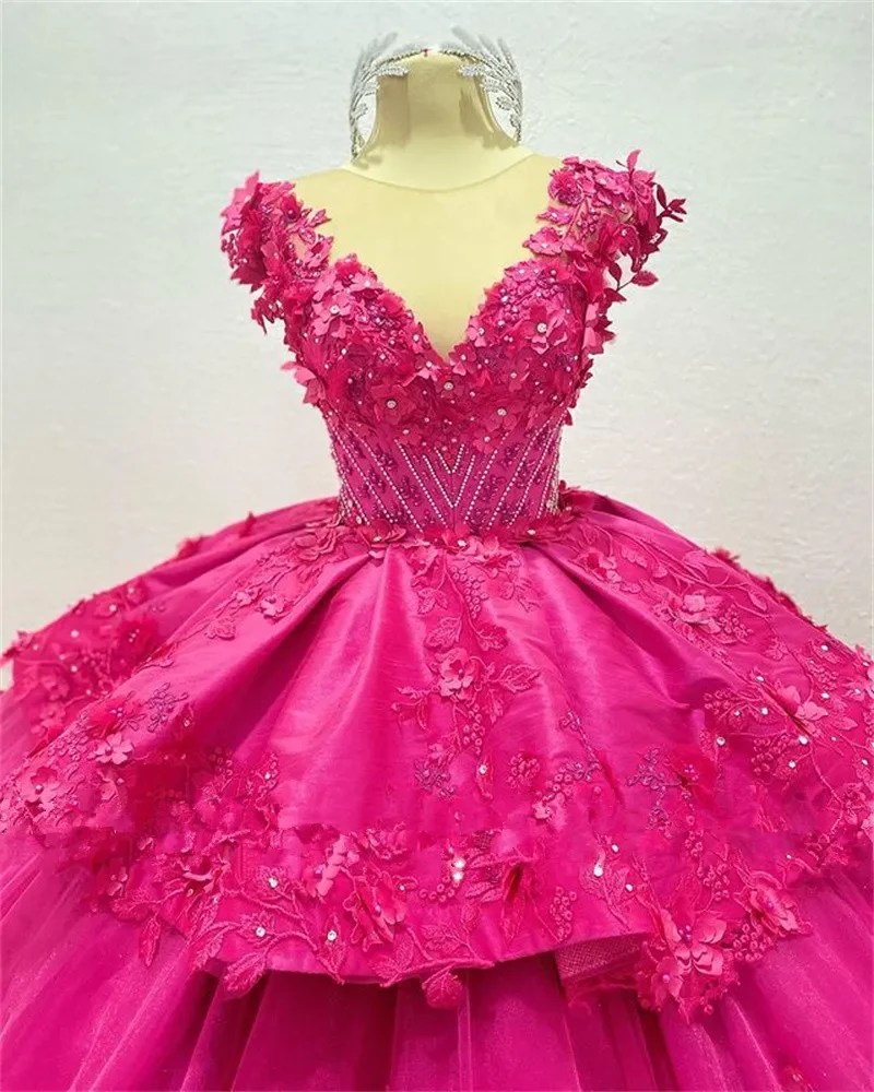 ANGELSBRIDEP fucsia principessa abiti Quinceanera vedere attraverso il collo 3D Appliqued floreale ragazza messicana Vestido De 15 Anos vendite calde