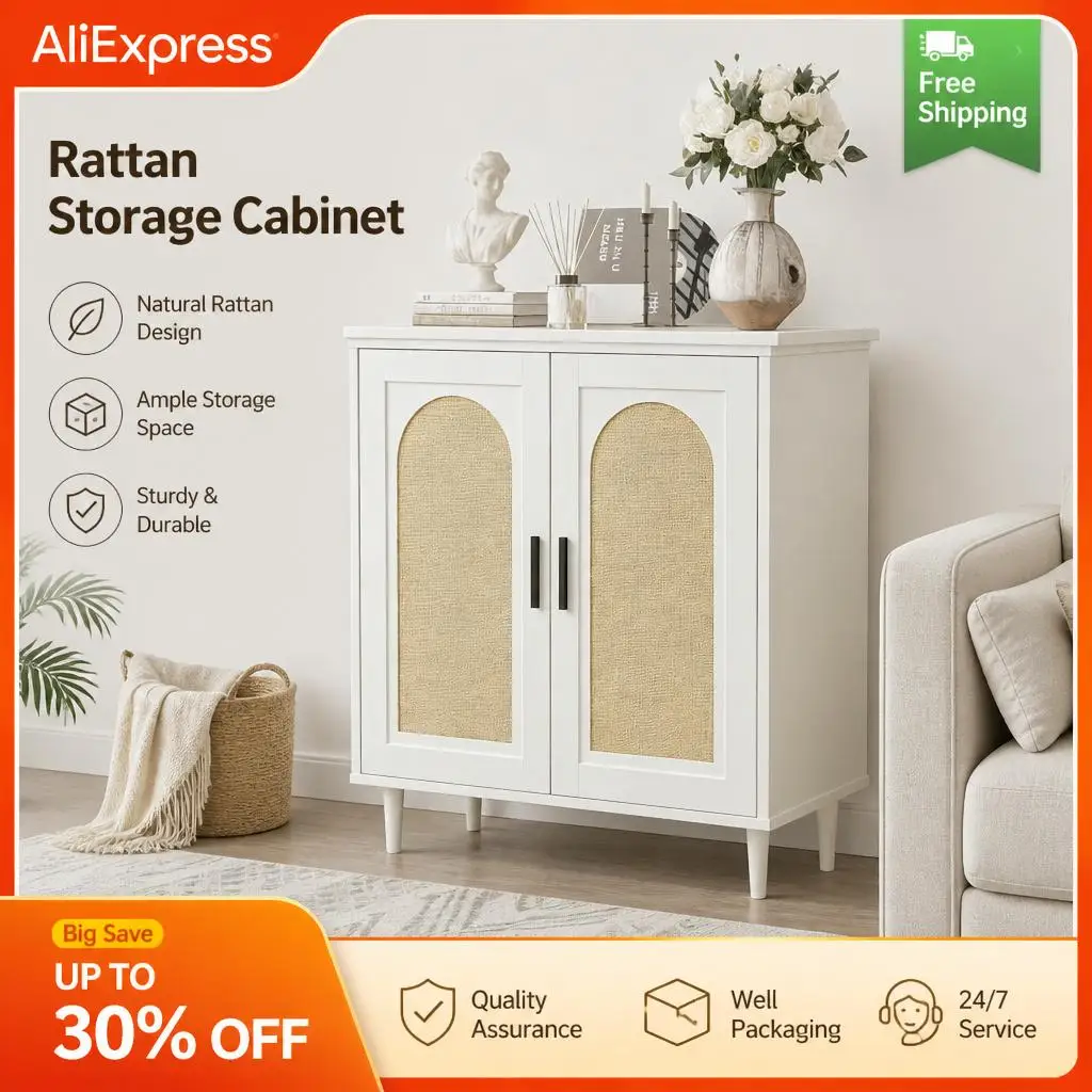 Credenza compatta per sala da pranzo GarveeLife - 2 ante scorrevoli - Finitura anteriore effetto rattan sintetico - Stile scandinavo - MDF e pannelli di particelle - Colori legno