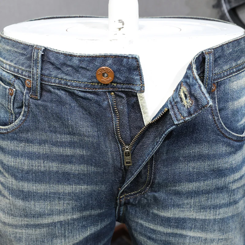 Italian Style Fashion Men Jeans High Quality Retro Blue Slim Fit Ripped Jeans Men Elastic Trousers Vintage Designer Pants Hombre