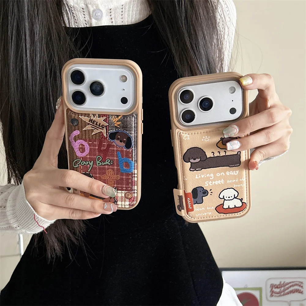 

Korean INS Fashion Leather Plaid Cute Puppy Phone Case for iPhone 16 Pro 13 14 15 17 Pro Max Cover Fundas Protective Cover Cases