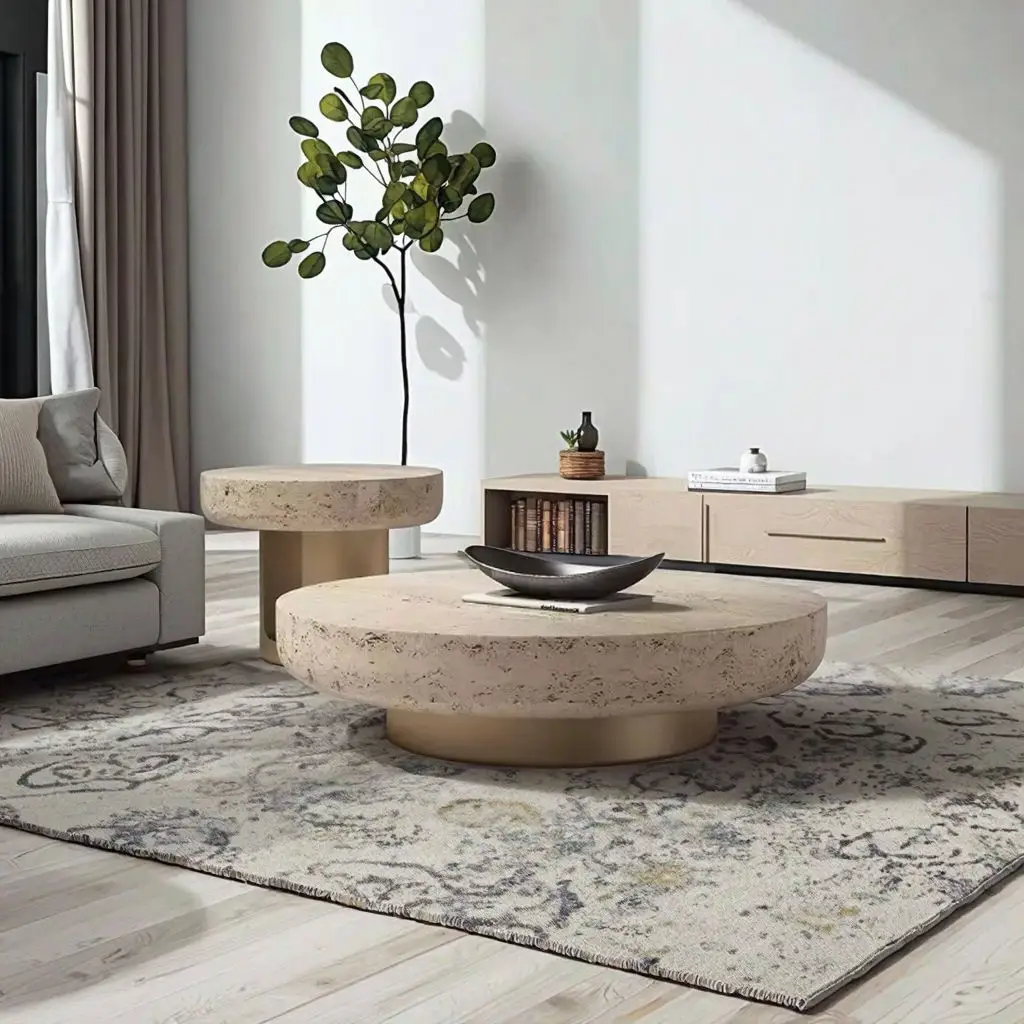 *Nordic-style Round Table Set, Natural Marble Top with Stainless Steel Base, Including Coffee Table and Matching End Table.