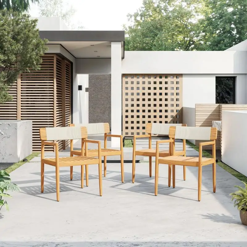 

4-Piece Outdoor Dining Set, Braided Acacia Wood Table & Chairs with Armrests, Teak Look & White Rope Weave, All-Weather Garden