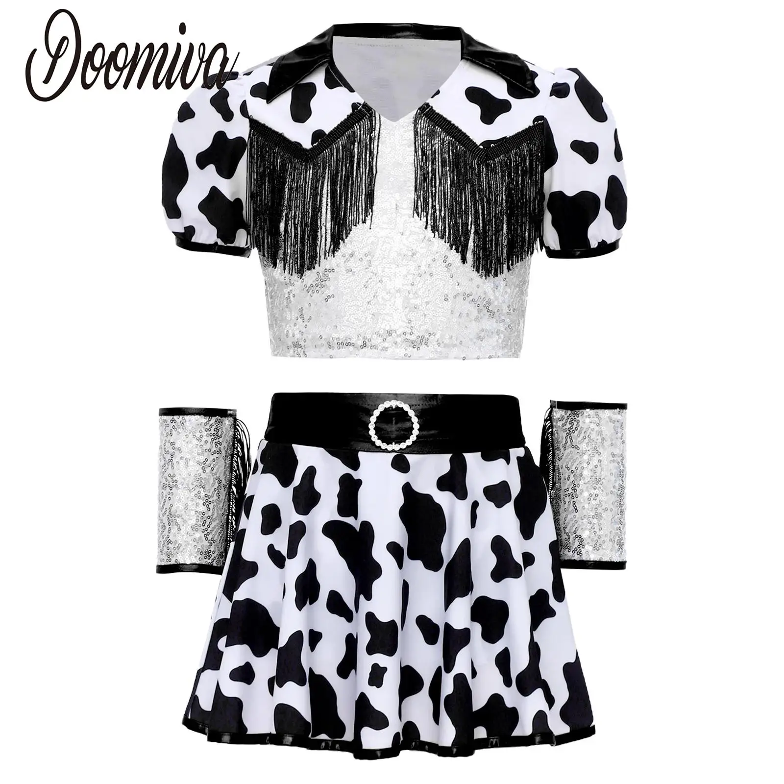 Girls Cow Print Cowgirls Costumes Outfits Jazz Dancewear Sequin Short Sleeve Fringe Crop Top Shorts Skirt and Wrist Cuffs Sets
