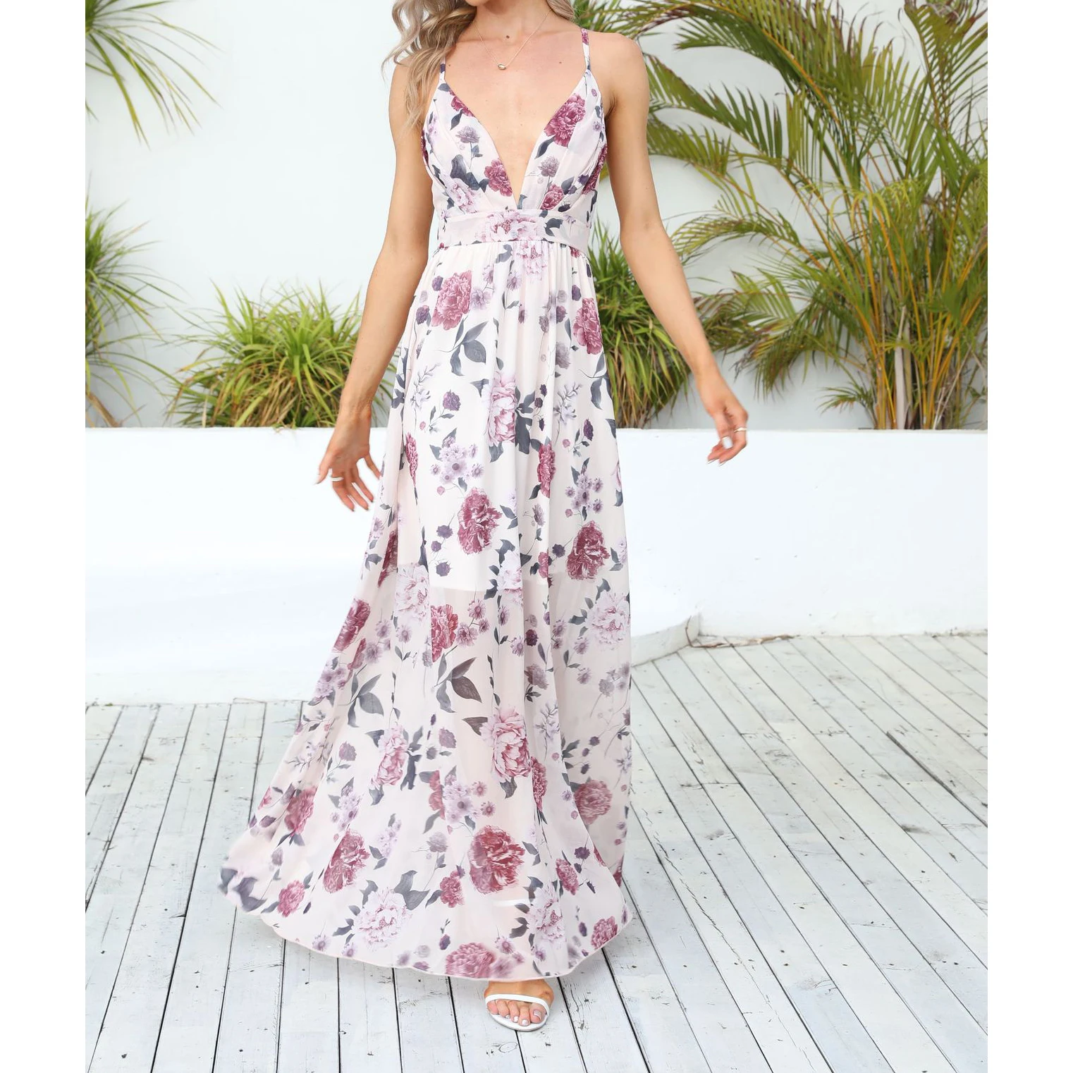 Factory Price Chiffon Long Style A-Line Slip Ladies Dress Printed Floral Backless V-Neck Skirts 2023 Summer Women Pink Beachwear