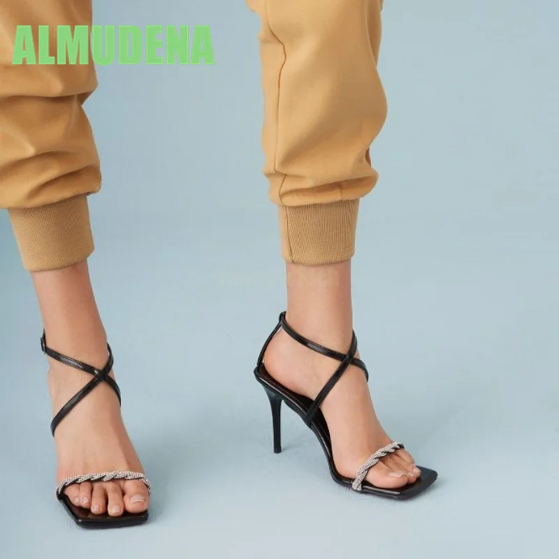 

Cross Strap Square Toe Rhinestone Sandals Black Fashionable Simple Straight Strap Design Temperament Slim High-Heeled Shoes
