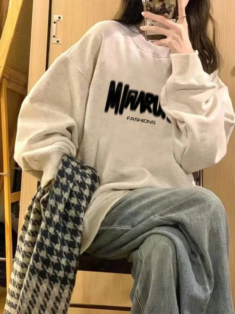 American Letter Print Plush Sweatshirt Women Autumn Winter 2025 New Oversize O-Neck Pullover Hoodie Y2K Tops Ladies clothing