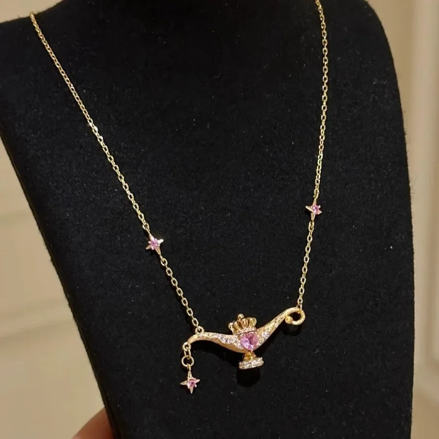 

Retro Exquisite Jewelry Aladdin Lamp Design Gold Color Pendant Necklaces with Pink Zircon Clavicle Chain For Women