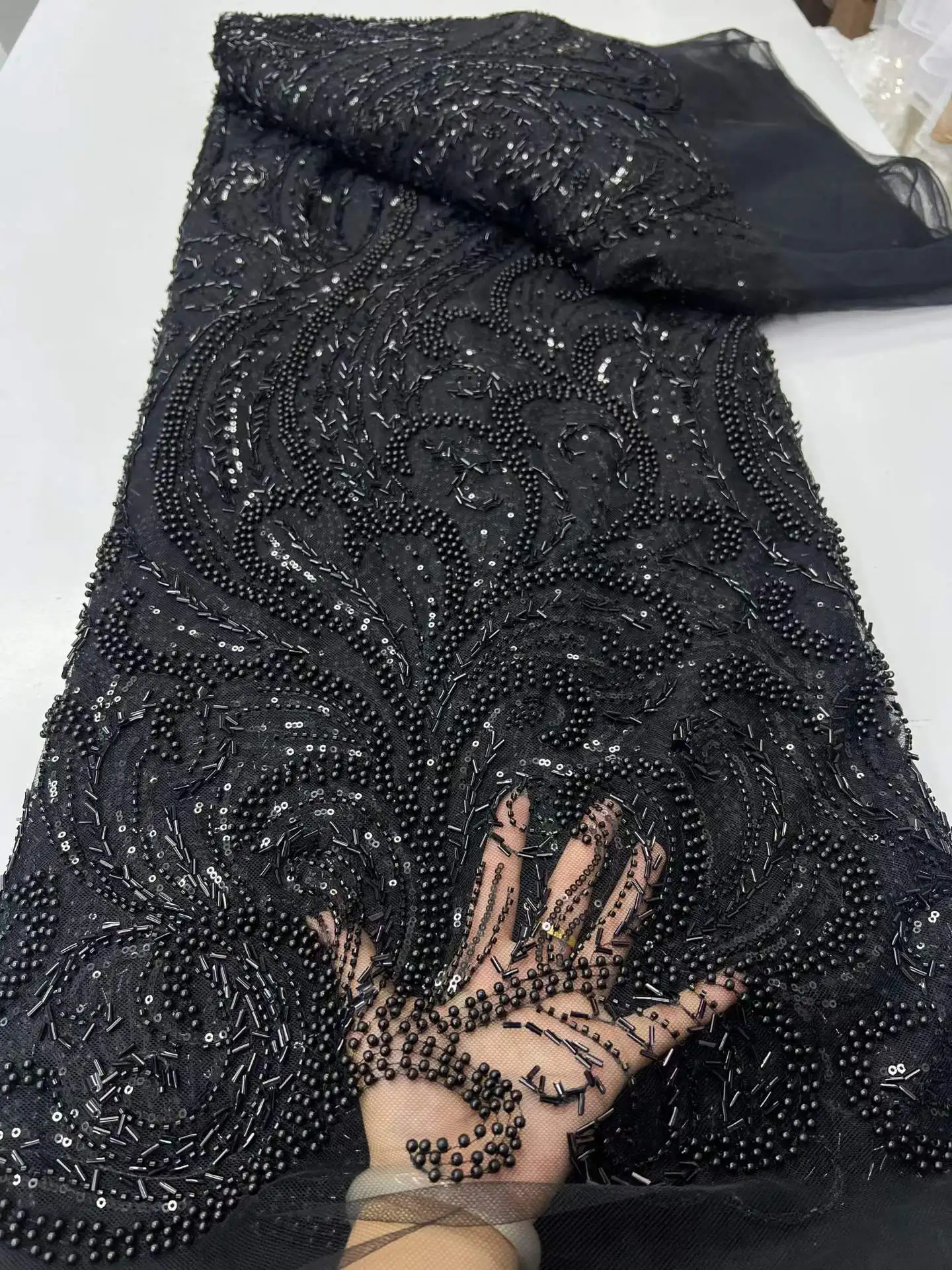 African Handmade Beaded Lace Fabric 2026 France Sequins Nigerian Embroidery Bridal Mesh for Sewing
