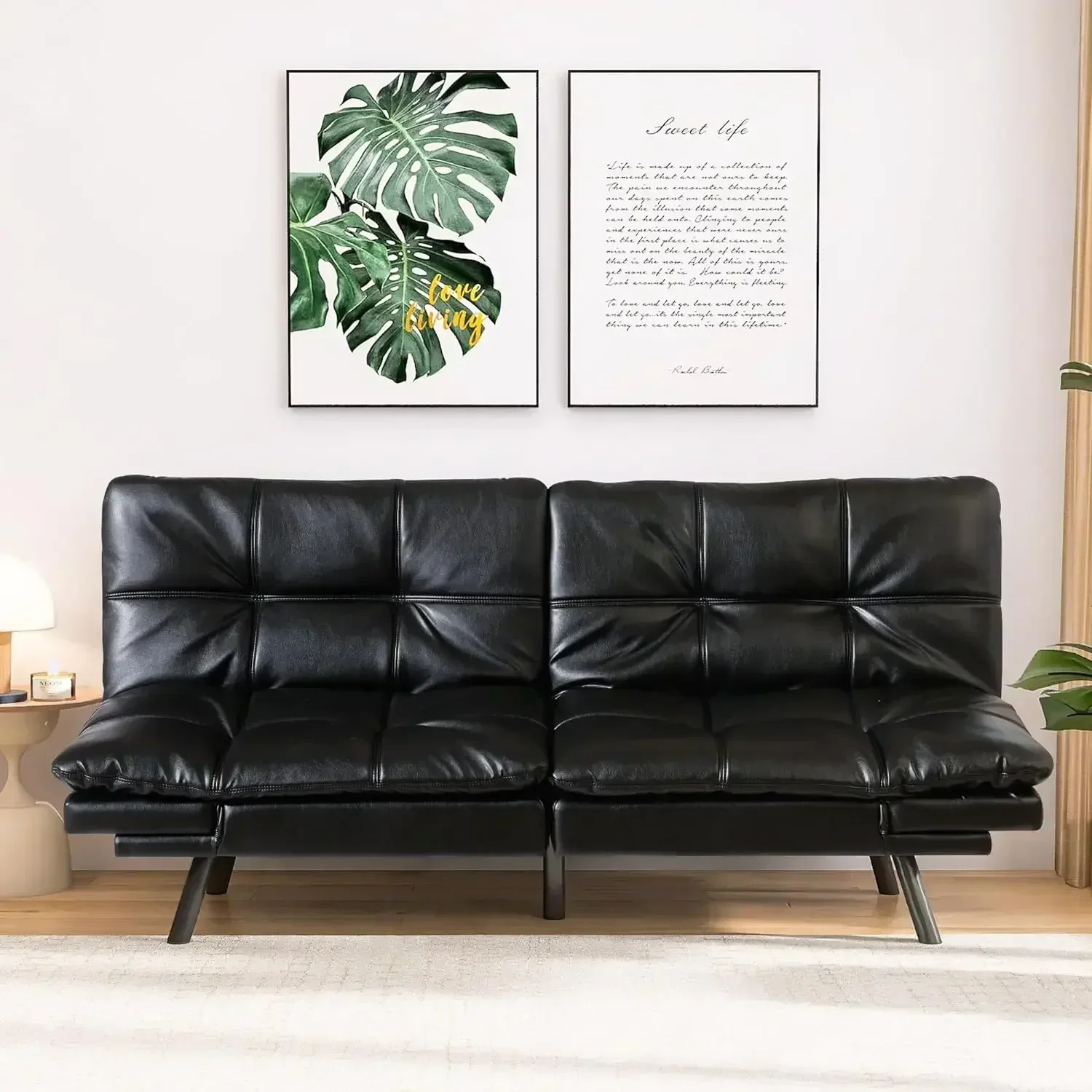 Futon Sofa Bed,Memory Foam Loveseat,Black Leather Sofa Sleeper Modern Couch for Compact Living