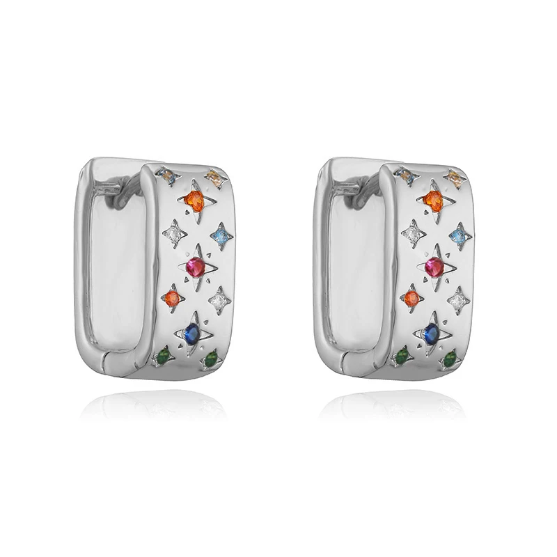 HECHENG, Colourful Zirconia Star Pattern Square Round Popular Simple Unisex Ladies Metal Earrings 1 Pair (Couple Jewelry)