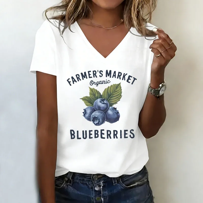 Kawaii T-shirt V Neck Casual Fashion Y2k Fruit Printed T Shirts Women Short Sleeve Tee Shirt V-Neck Summer Spring