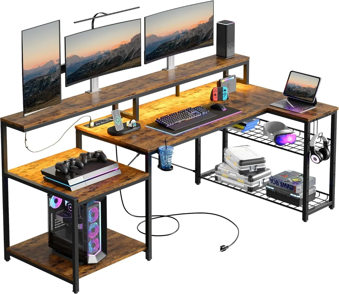 

Bestier 71.5 Inch Computer Desk with Power Outlets, LED Large Home Office Desk with Monitor Stand, L Shaped Corner Desk, Brown