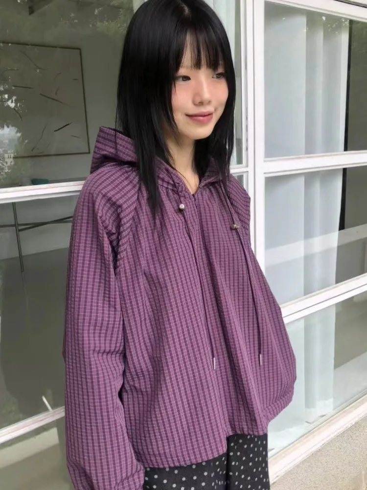 

Loose Casual Plaid irt Jaet Women's Long Sve Hooded Zipper Outerwear Simple Sli Versatile Fem Faion Korean Ve...