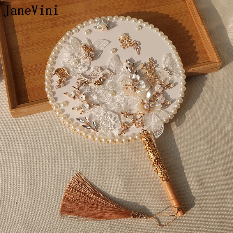 JaneVini Luxury Pearls Chinese Style Bridal Fan Wedding Bouquet Handmade White Lace Flowers Gold Floral Classic Bride Hand Fan