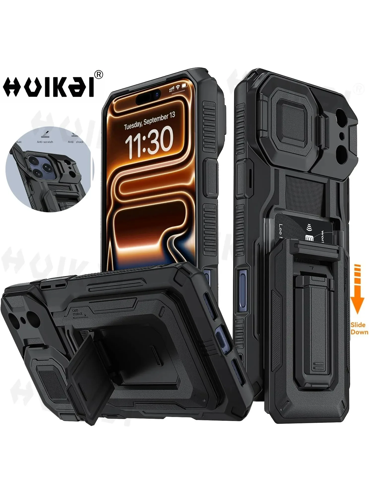 Etui na iPhone 18 Pro Max iPhone 17 Pro Max z półautomatycznym slotem na karty, wytrzymałe, solidne, z podstawką i ochroną obiektywu aparatu. — zdjęcie produktu 7