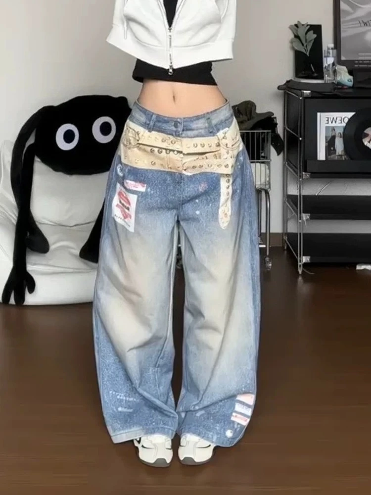 ديبتاون الأزرق خمر الجرافيك المرأة المتعثرة الجينز غسلها واسعة الساق النمط الأمريكي مستقيم سراويل جينز فضفاض عادية Gyaru