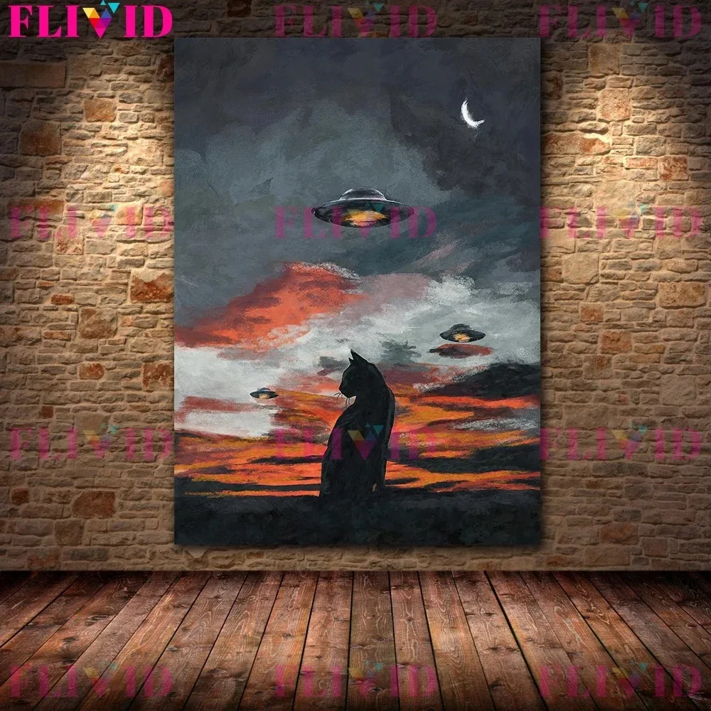 When Oil Painting Encounters Ufo Abstract Wall Art Canvas Painting Alien Spacecraft And Black Cat Art Poster Print Home Decor