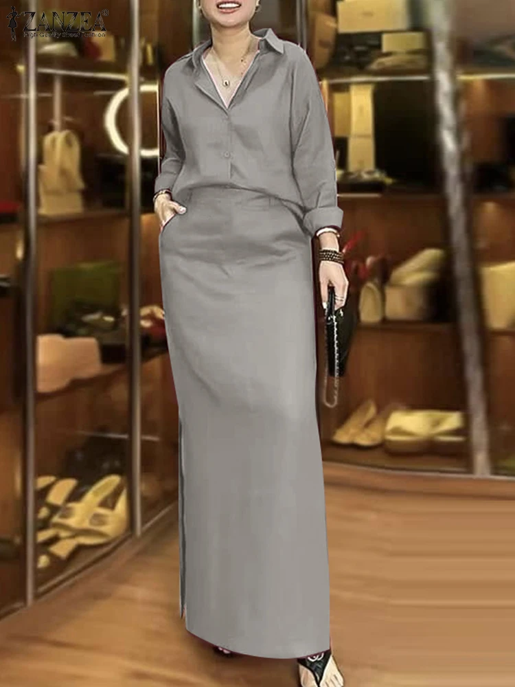 

ZANZEA Elegant Women Sets Solid Long Sleeve Shirts Maxi Skirts Vintage OL Work Suits 2025 Casual Outfits Dress Matching Sets