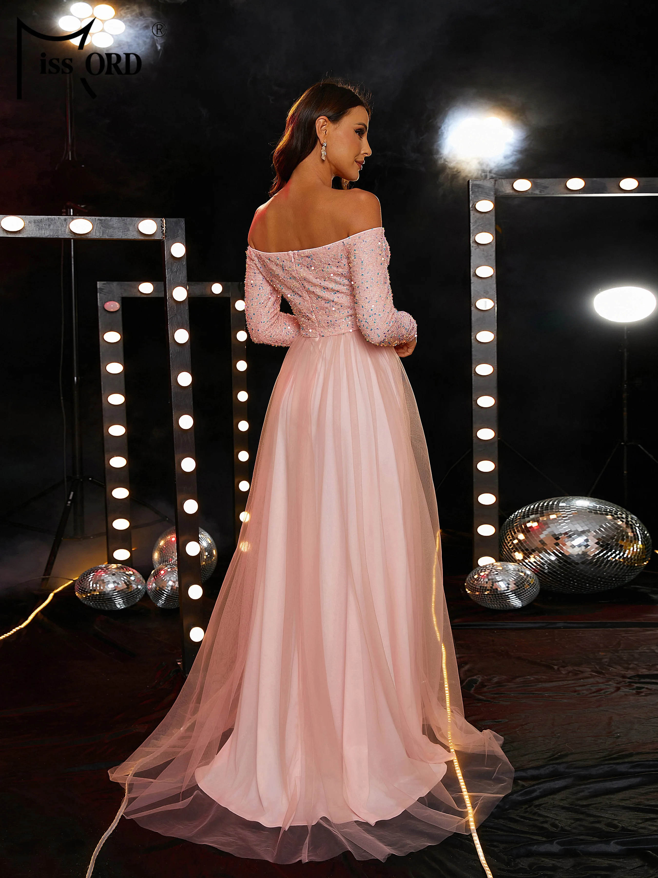 Missord Elegant Pink Evening Dress Women Off Shoulder Long Sleeve Sequin Thigh Split A-line Maxi Party Dresses Prom Gown