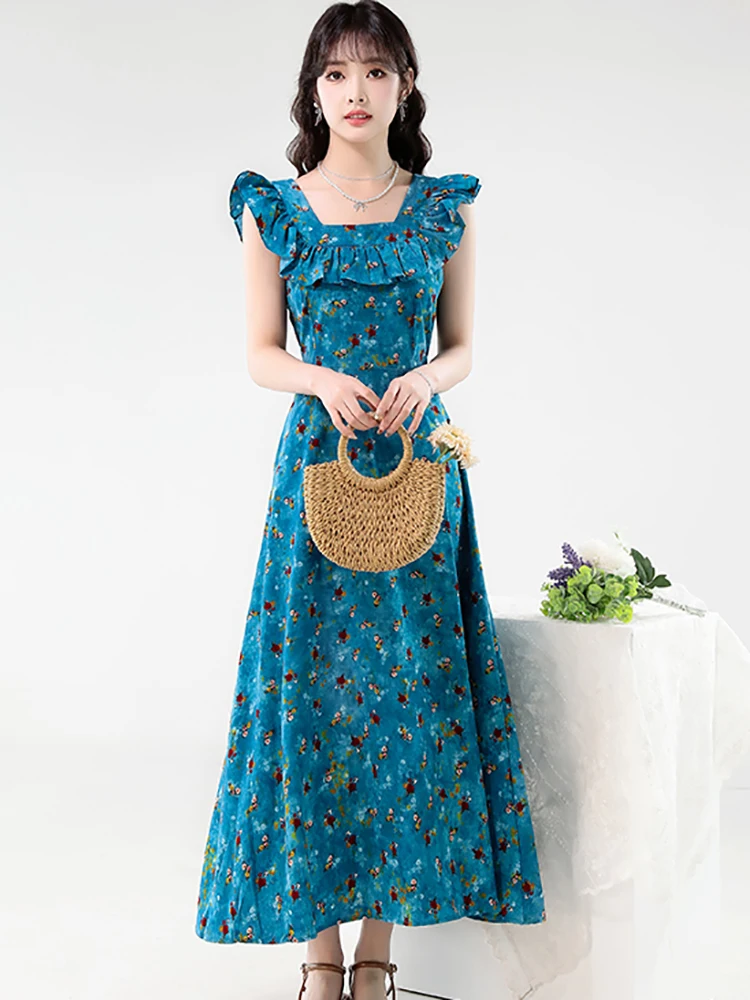 2025 Blue Floral Ruffled Square Collar Sleeveless Dress Summer Elegant Luxury Long Dress Women Korean Vintage Bodycon Prom Dress