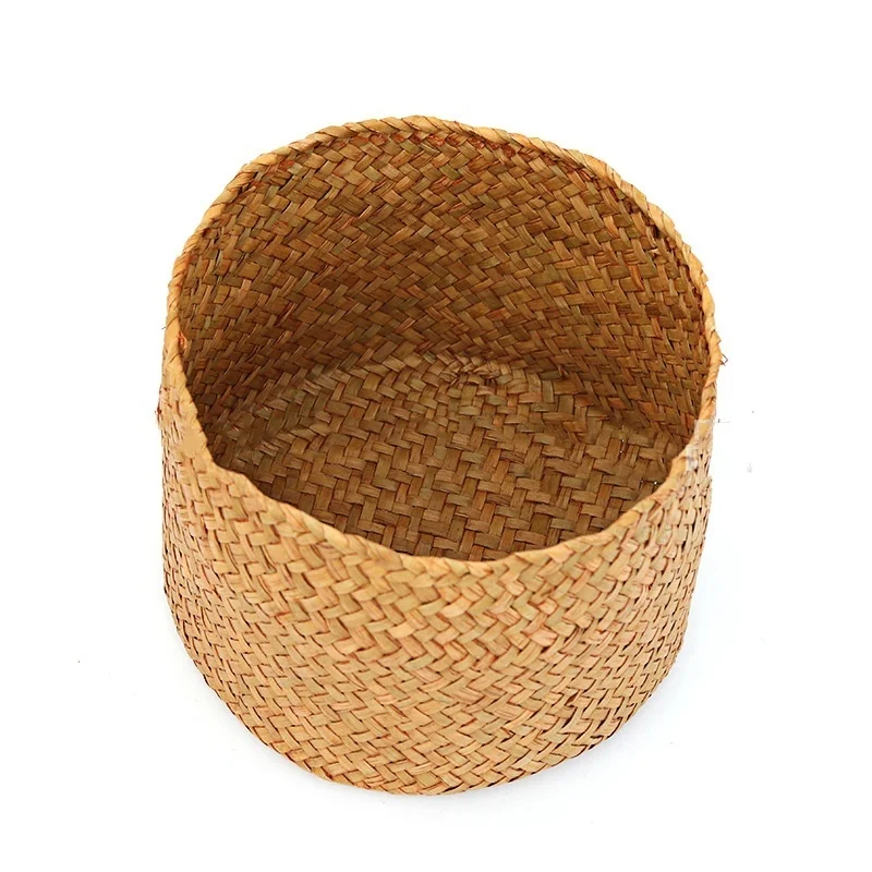 Weaving Snack Storage Box Handmade Storage Baskets Wicker Wardrobe Table Round Gift Box Wicker Seagrass Flower Pot Home Sundries