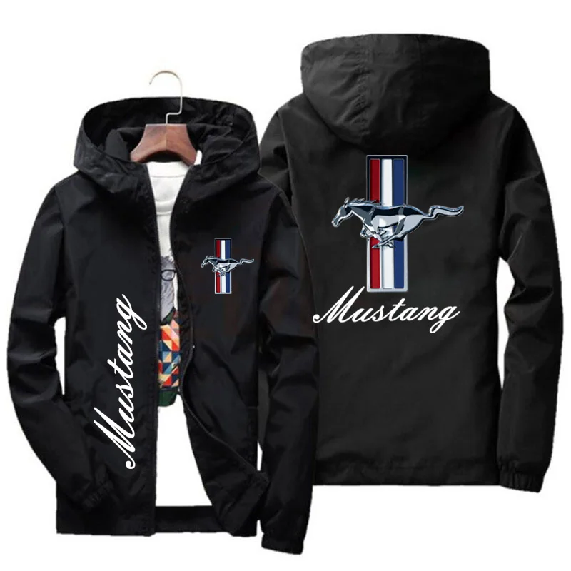 Jaket bertudung motif Logo mobil Ford Mustang, jaket pengisi daya modis Musim Semi dan Gugur, jaket kasual luar ruangan untuk pria