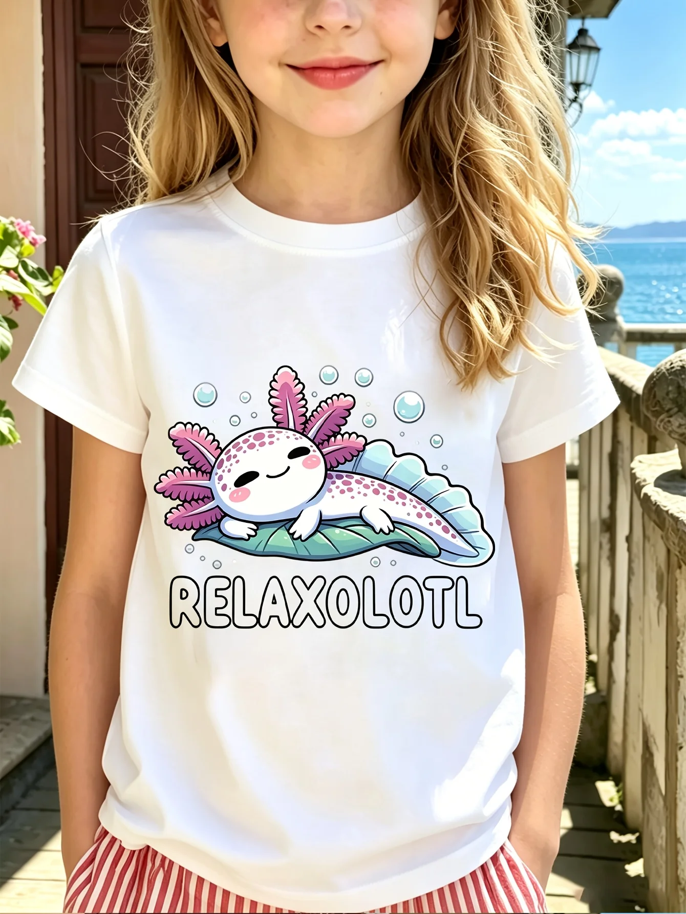 Kids Family Matching T Shirt Cute Relax Axolotl Leaf Bubble Print Short Sleeve Cotton Tops For Boys Girls Daily Casual Outfit