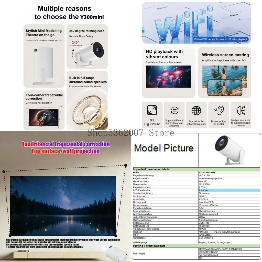 

Проектор с улучшенным разрешением 1080P, встроенным поворотным объективом Wi-Fi и трапецеидальными искажениями, совместимость с