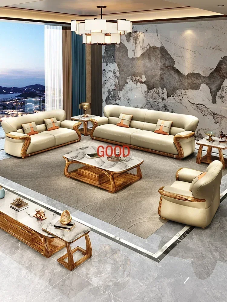 TAO New Chinese Style Ugyen Wood Leather Art Sofa Villa Living Room First Layer Cowhide Combination