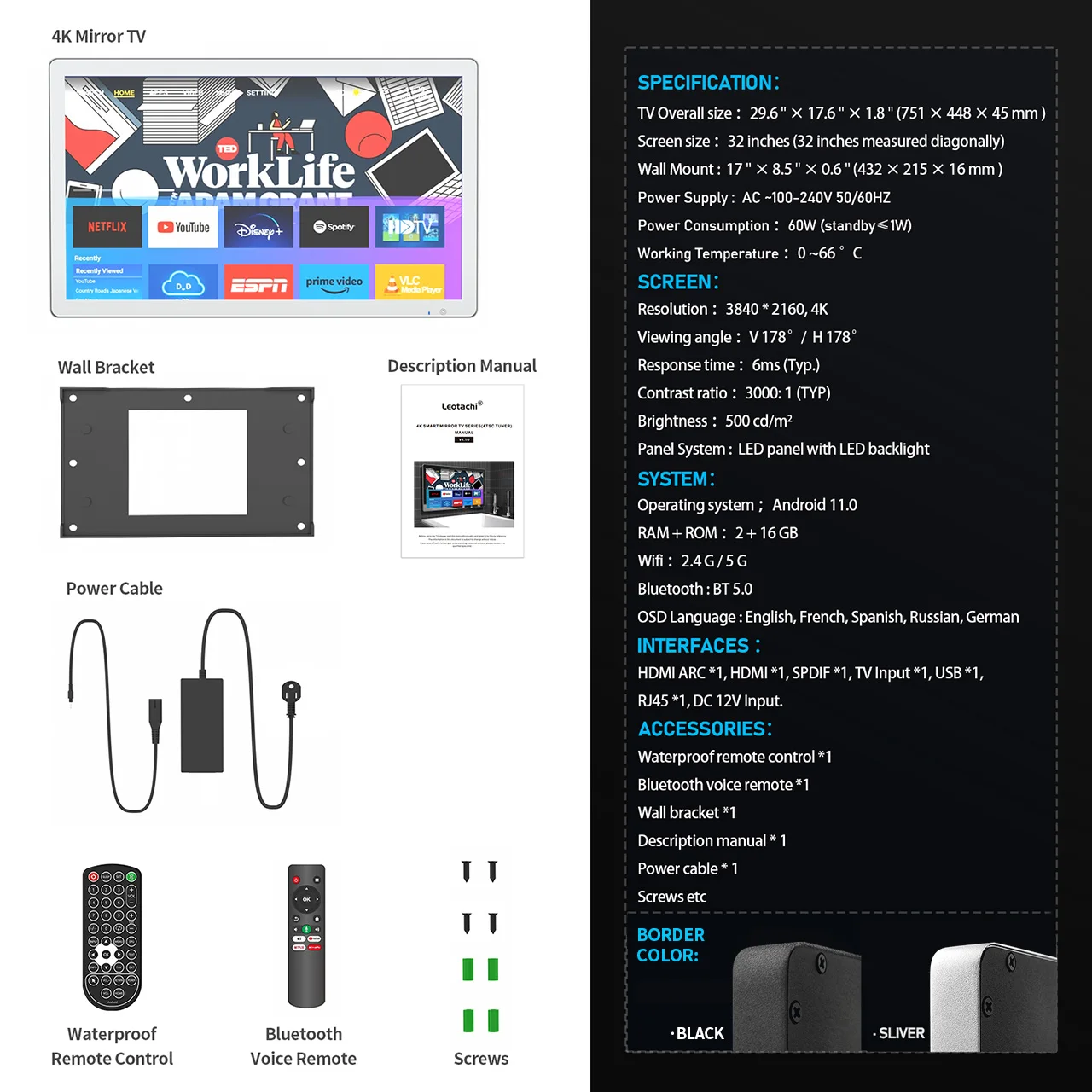 32-inch Smart Bathroom Mirror TV - 4K Ultra HD, IP66 Waterproof, Voice Remote Control, Built-in ATSC Tuner, ARC, SPDIF