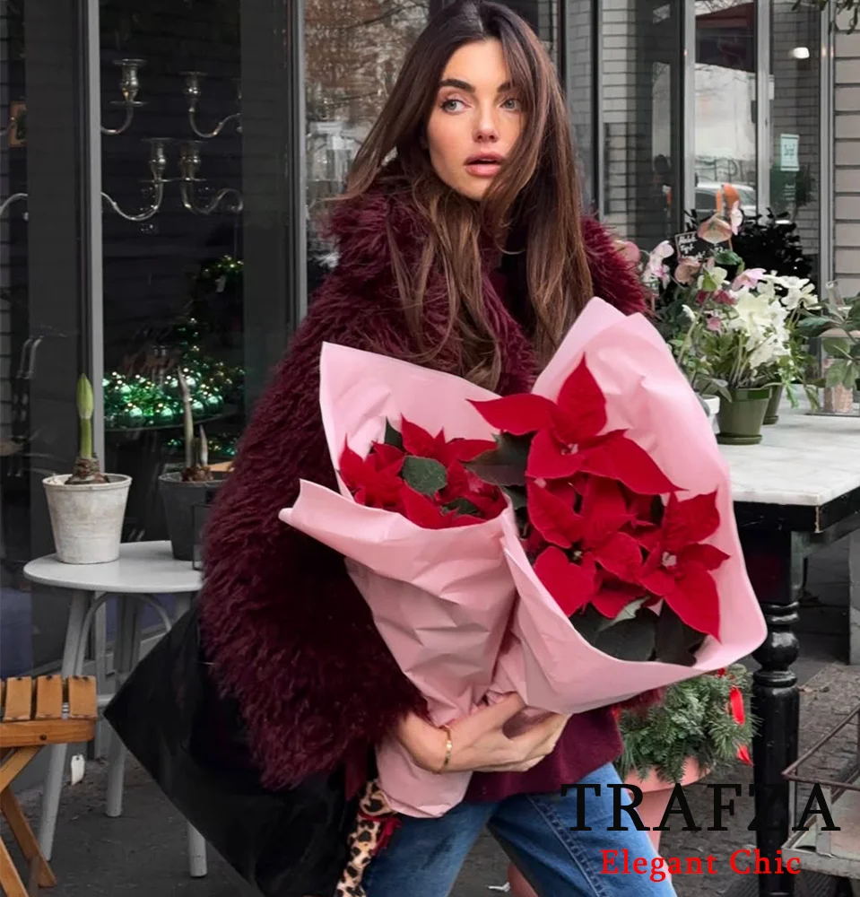 TRAFZA-Women Elegant Fur-Effect Jacket Coat Lapel Faux Fur Burgundy Short Coat New 2025 Fall WInter Fashion Film Style Y2K Coat