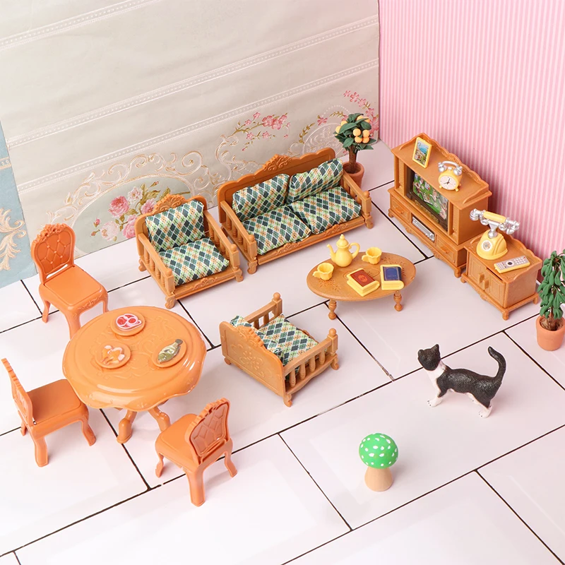 1:12 Dollhouse Miniature Dining Table Chair Sofa Tea Table TV Cabinet Set Model Doll Furniture Decor Micro Scene Prop Toy