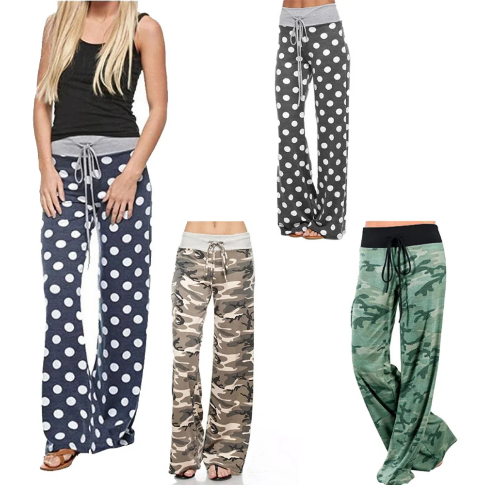 Large Casual Printed Yoga Women's Trousers Drawstring Wide Leg Pants Loose Pajamas Home Clothes Day Multiple Colors Full Length