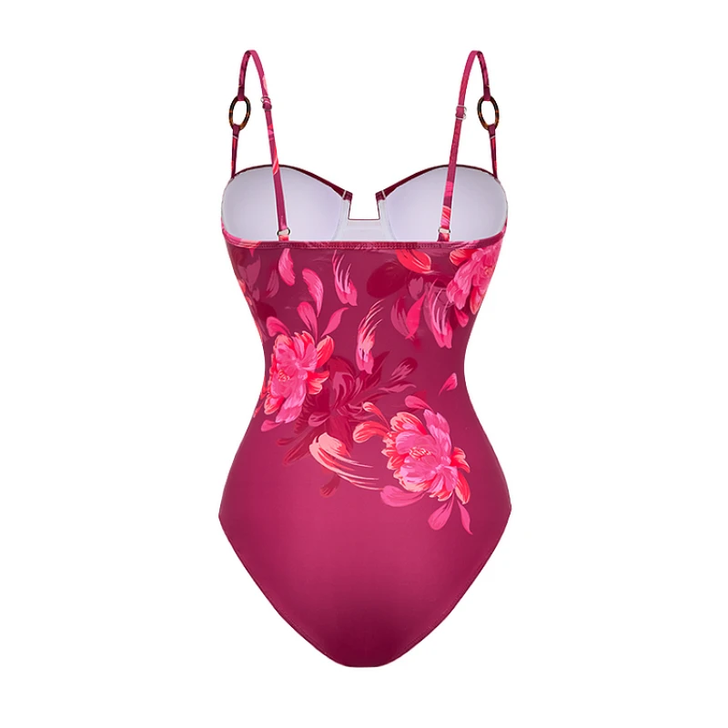 Women Sling Abstract Floral Print One Piece Swimsuit and Skirt Flaxmaker Sexy Deep V Neck Swimwear Sets Vintage Bathingsuit
