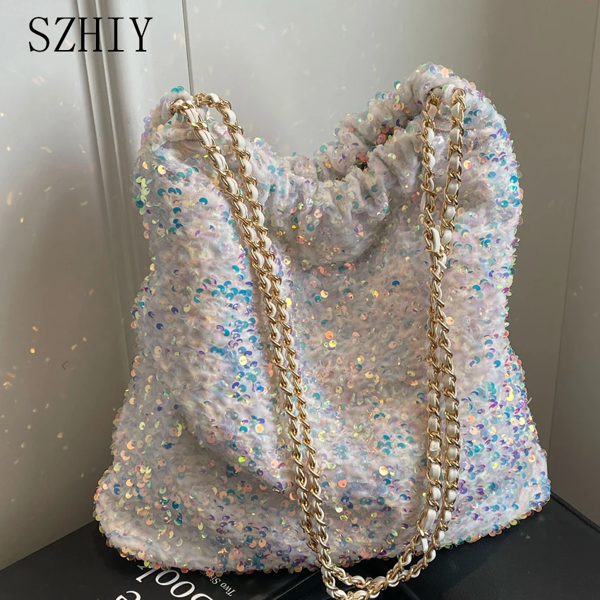 

Sequin Shoulder Bag Luxury Designer Tote Bag Women Fashion Chain Bag Large Capacity Office File Pocket Sac A Main Femme Torebki